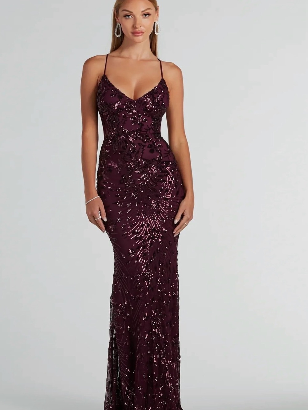 Windsor Spaghetti Strap Sequin Evening Gown in Deep Plum/ Maroon